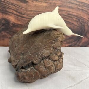 Vintage John Perry Dolphin Sculpture•Burl Wood Base•9”•Swimming Dolphin Figurine